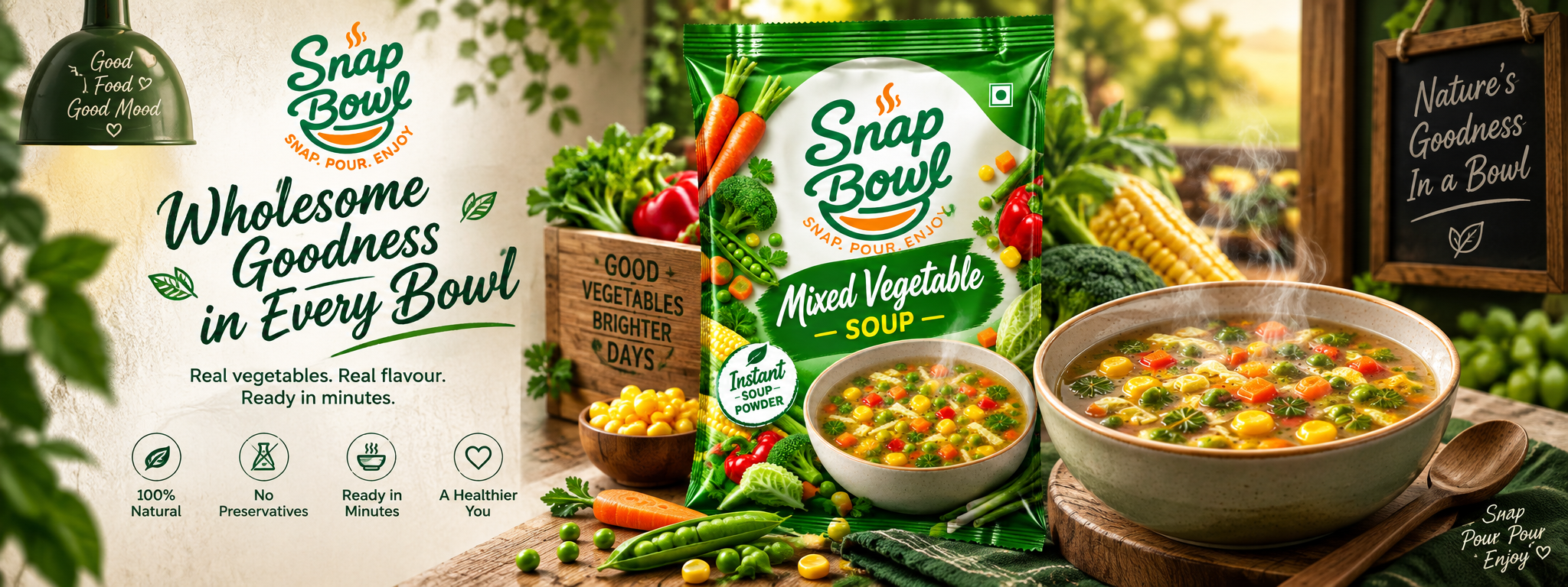 A bowl of Snap Bowl mixed vegetable soup