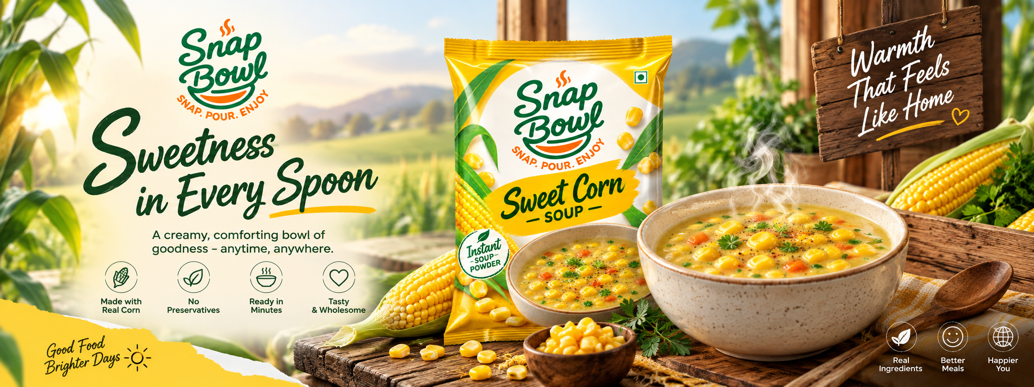 A warm bowl of Snap Bowl sweet corn soup